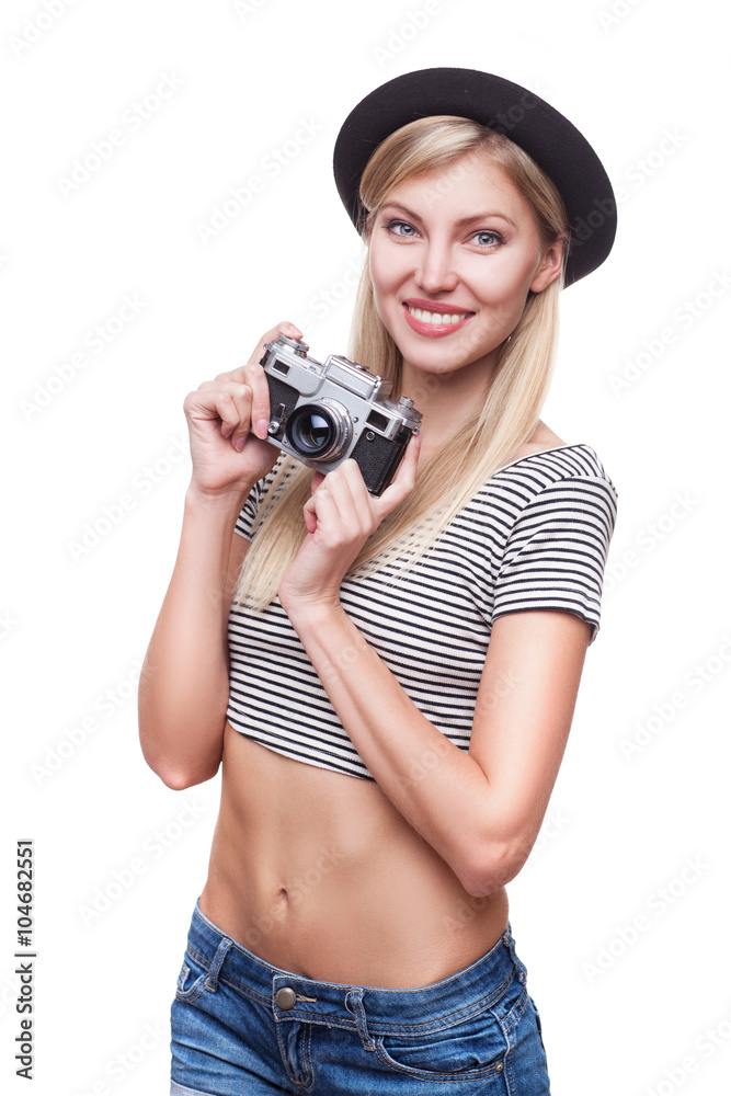 young hipster woman in funky clothes isolated on white background young hipster woman in funky clothes isolated on white background