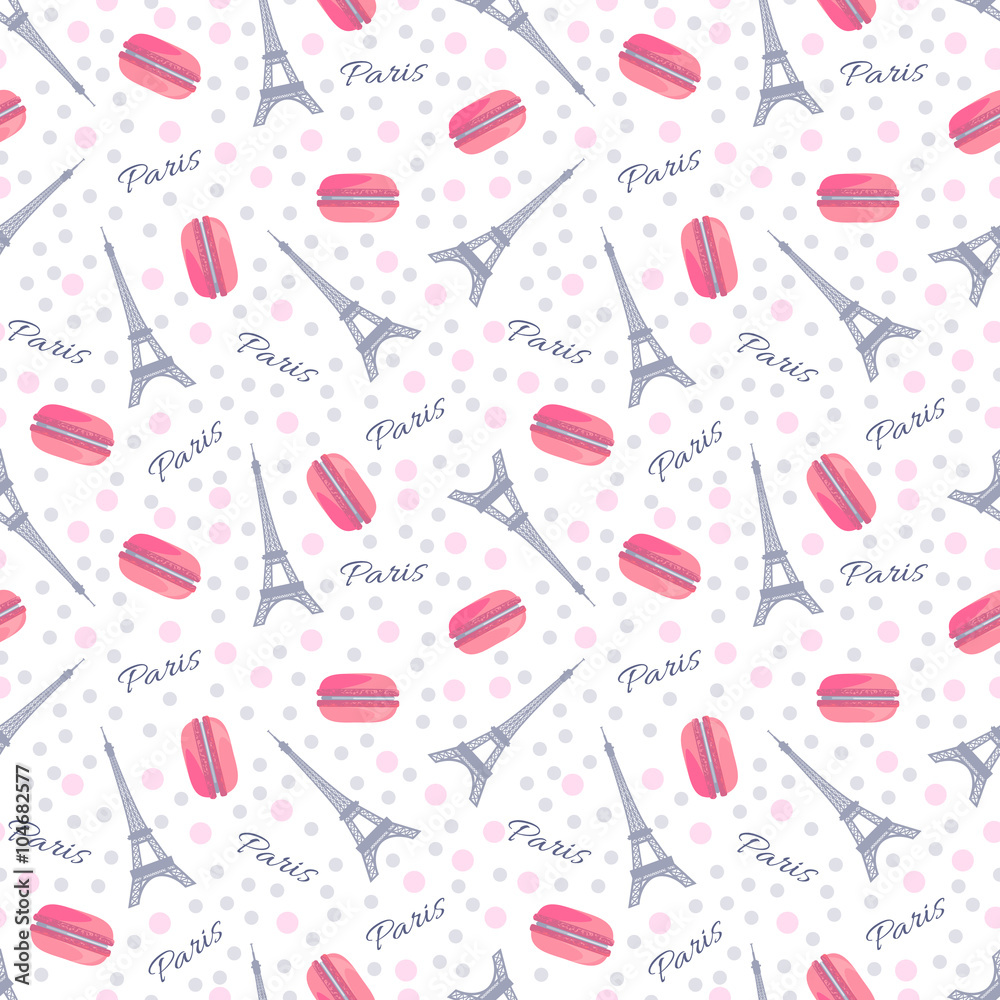Seamless pattern with tasty macaroons, Eiffel Tower, Paris and dots