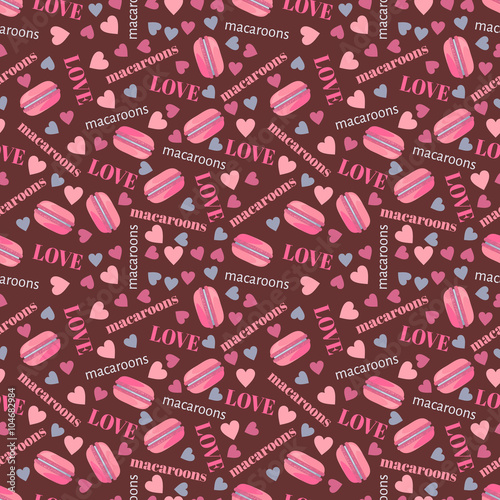 Seamless pattern with tasty macaroons, hearts and love
