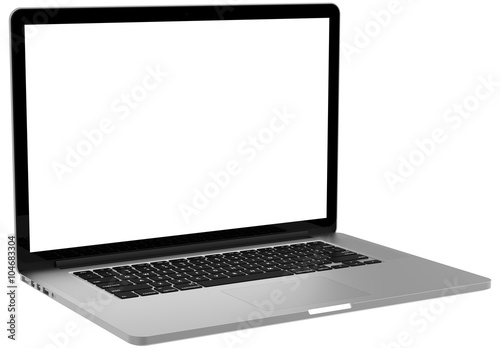 Laptop with blank screen isolated on white background, white aluminium body.Whole in focus. High detailed. Template, mockup.