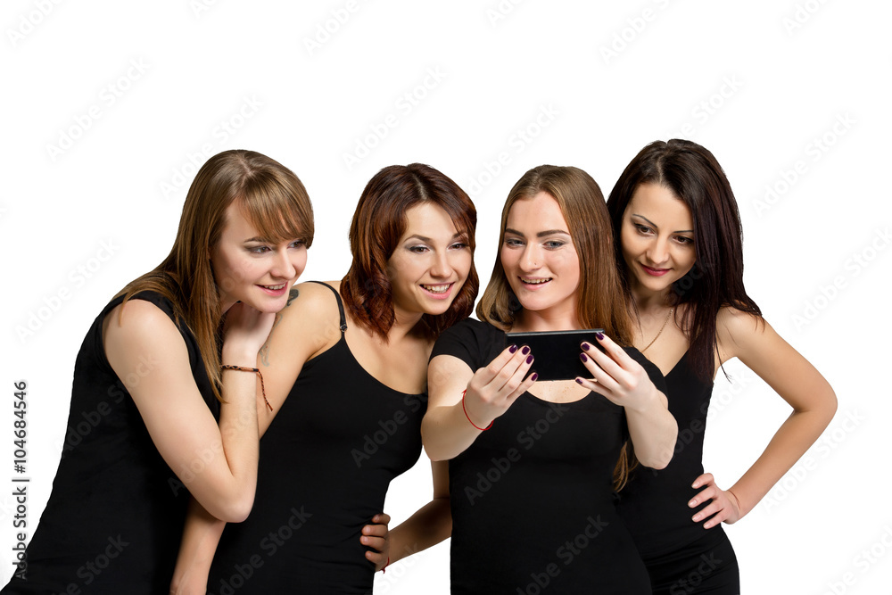 Group of girls making selfi isolated at white Group of girls making selfi isolated at white