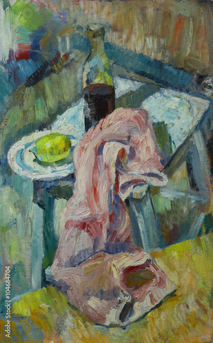 Oil painting still life with  fabric on a chair with a bottle of alcohol and lemon in a plate On Canvas © slava_samoilenko