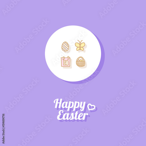 Happy Easter. Greeting card or banner template with hand drawn egg icon, butterfly, calender page and Easter busket with painted eggs. Purple background