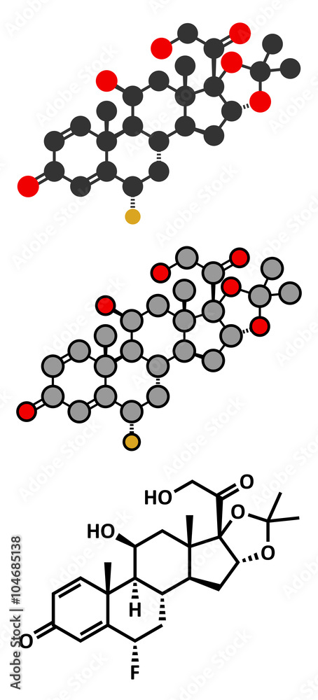 Flunisolide corticosteroid drug molecule. Flunisolide corticosteroid drug molecule.