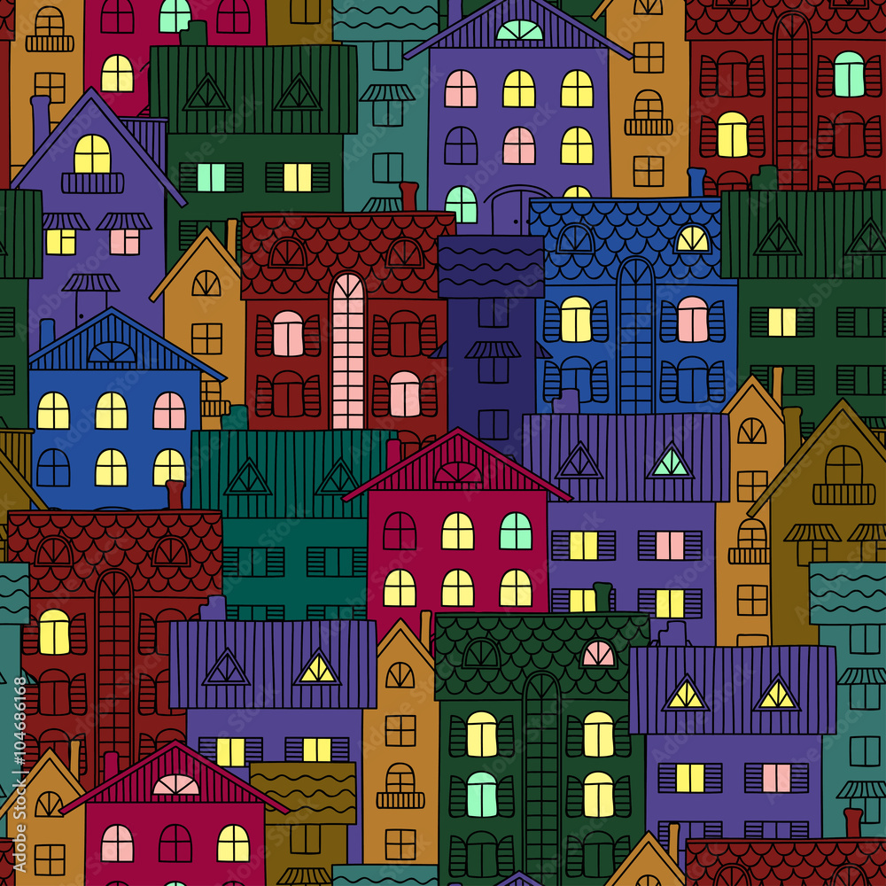 Night background of colorful houses