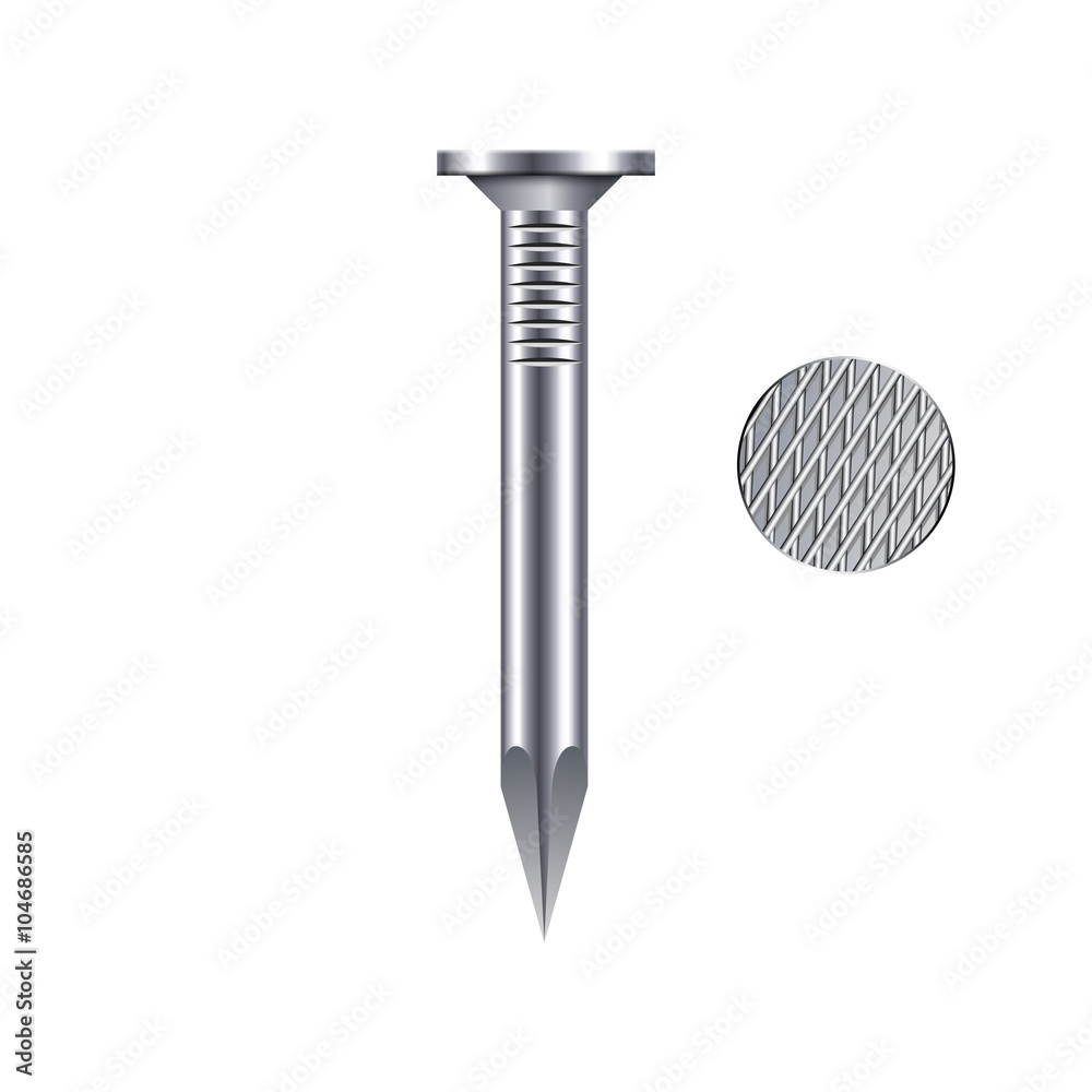 Realistic metallic nail isolated on white background. Vector ill Realistic metallic nail isolated on white background. Vector ill