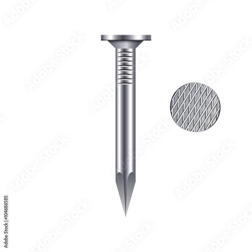 Realistic metallic nail isolated on white background. Vector ill