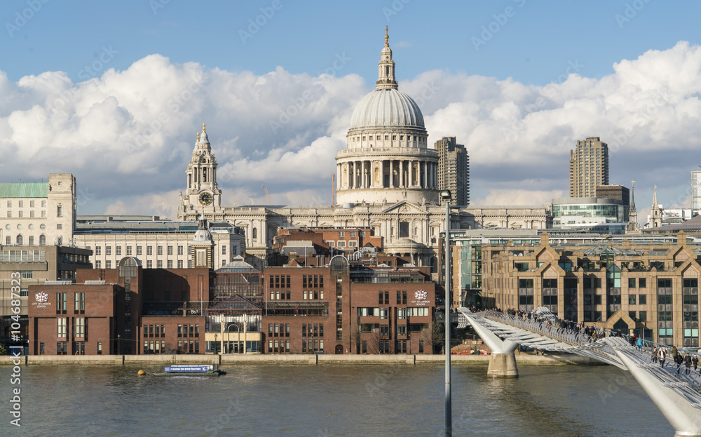 St. Paul?s cathedral London and Millennium Bridge over River Thames