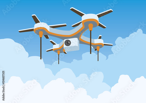 Quadcopter flying on sky with clouds vector illustration