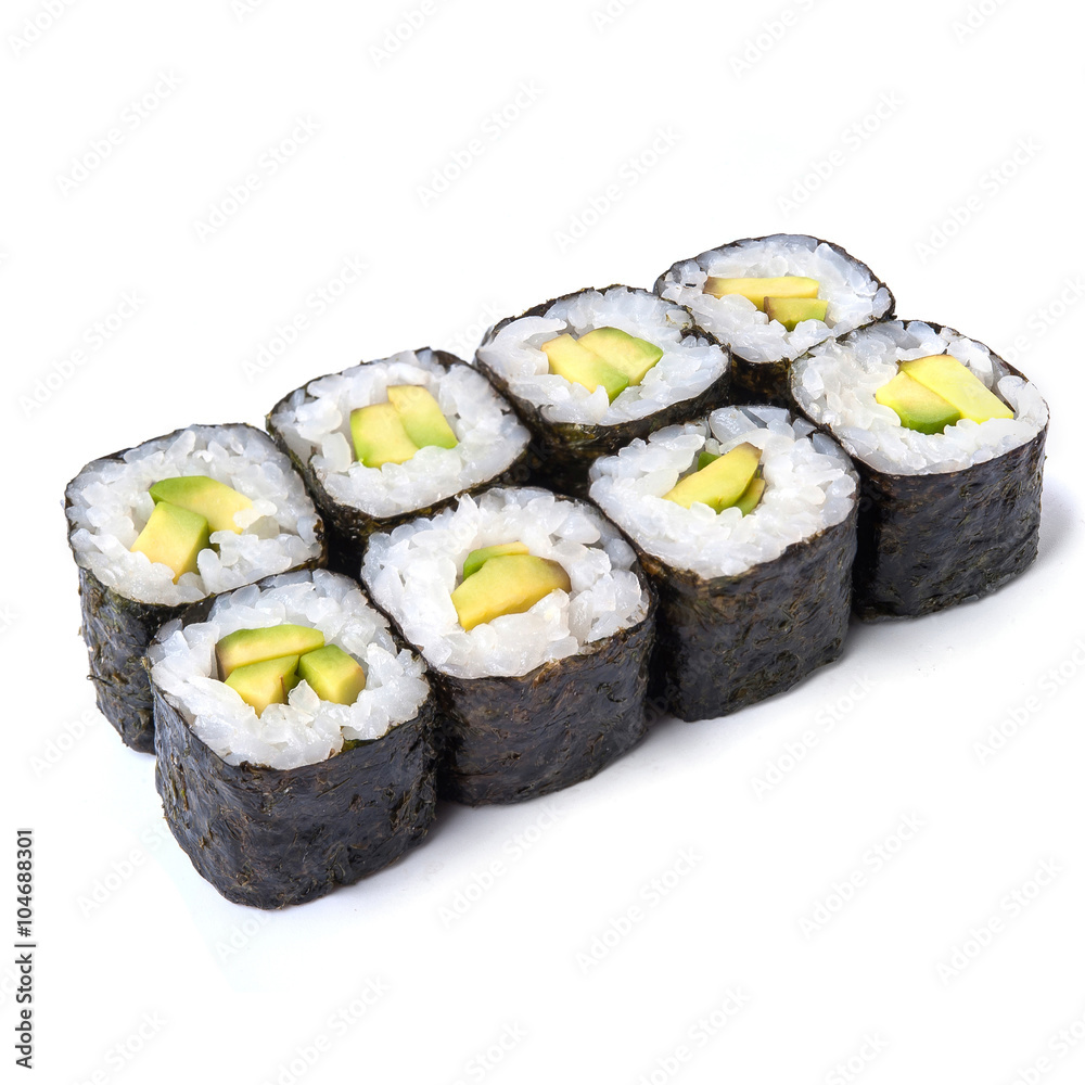 Japanese roll with avocado isolated on white background with shadow Japanese roll with avocado isolated on white background with shadow