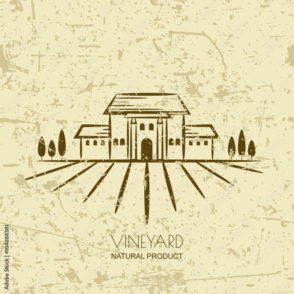 Vector old grunge background with vineyard fields and villa. Tuscany rural landscape. Trendy concept for wine list, bar or restaurant menu, labels and package for organic products. Vector old grunge background with vineyard fields and villa. Tuscany rural landscape. Trendy concept for wine list, bar or restaurant menu, labels and package for organic products.