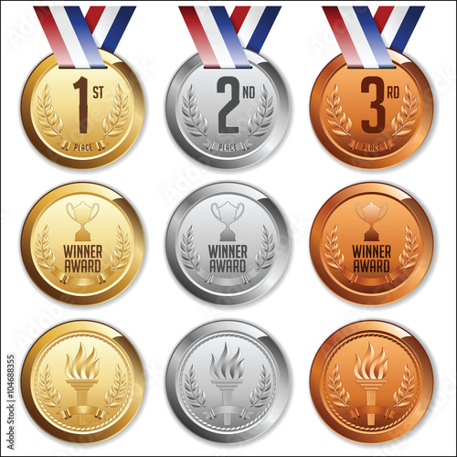 Medals with Ribbon. Set of Gold, Silver and Bronze Medals. Vector.
