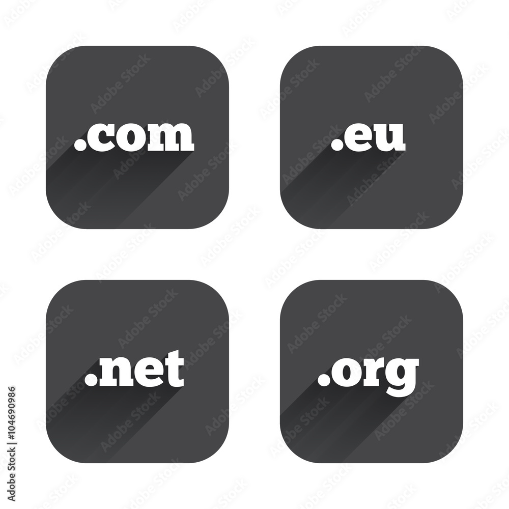 Top-level domains signs. Com, Eu, Net and Org. Top-level domains signs. Com, Eu, Net and Org.