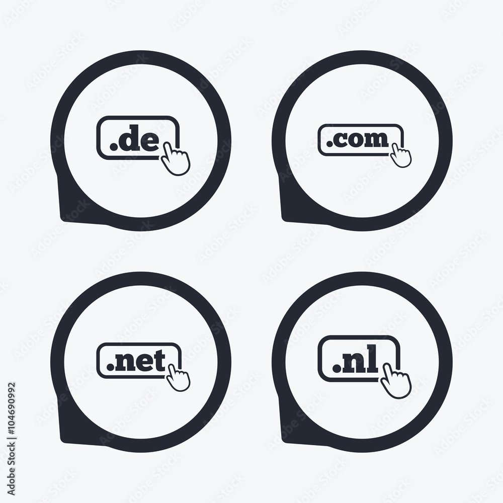 Top-level domains signs. De, Com, Net and Nl. Top-level domains signs. De, Com, Net and Nl.