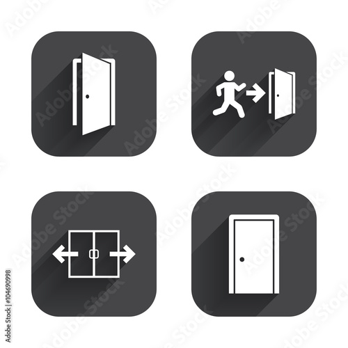 Doors signs. Emergency exit with arrow symbol.