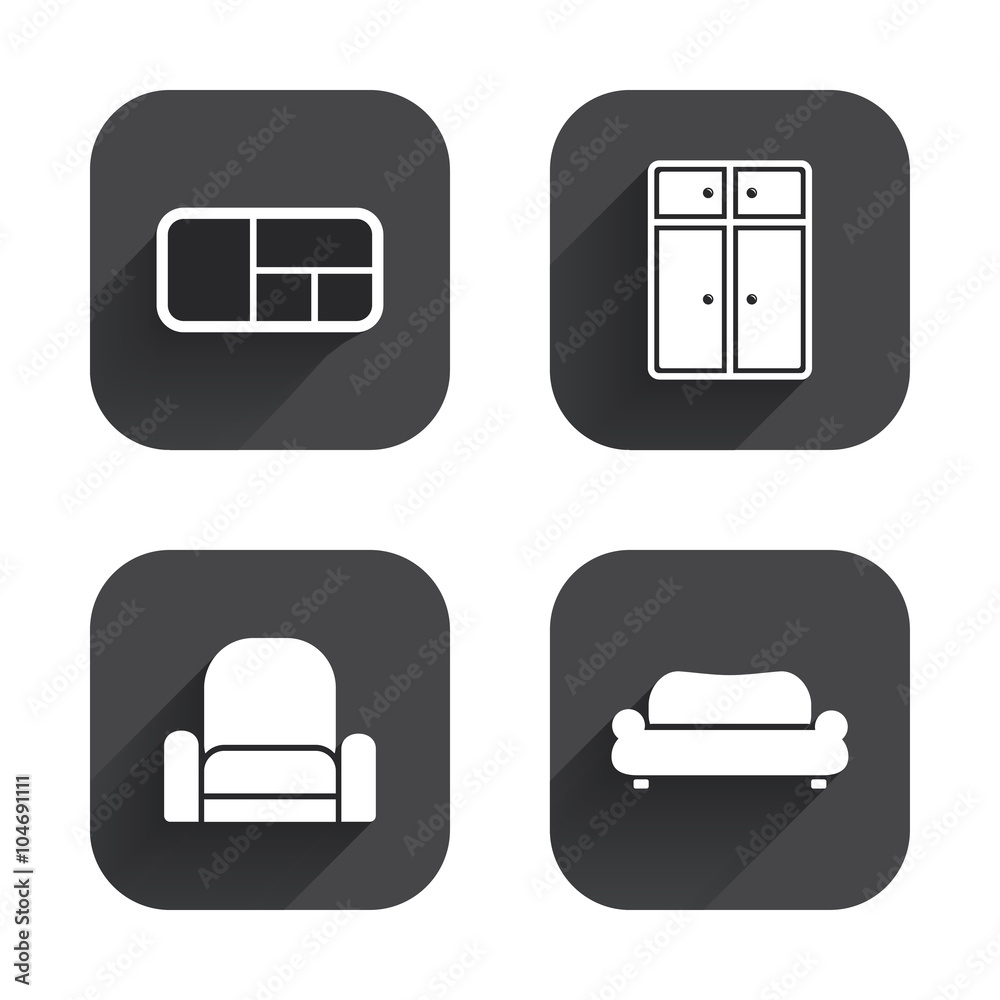 Furniture icons. Sofa, cupboard, and book shelf. Furniture icons. Sofa, cupboard, and book shelf.