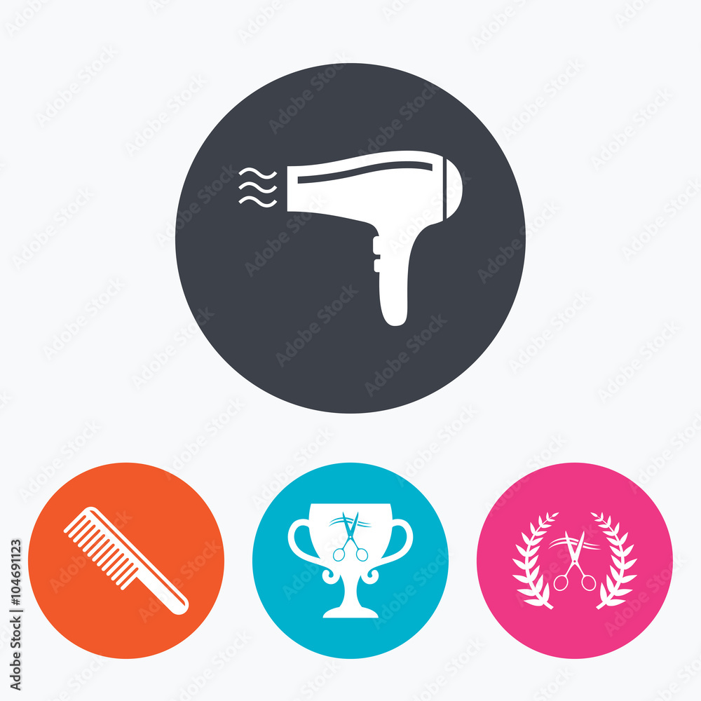 Hairdresser icons. Scissors cut hair symbol. Hairdresser icons. Scissors cut hair symbol.