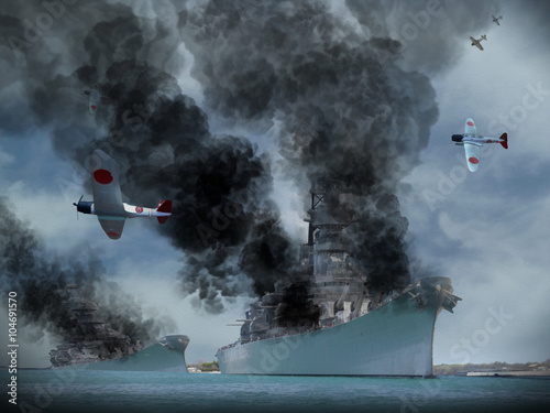 Photo Digital Oil Painting of an attack similar to Pearl Harbor in World War 2