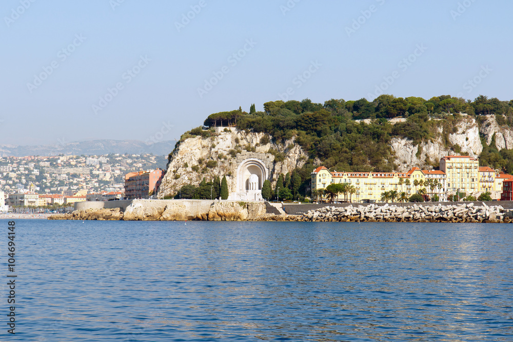 Color DSLR stock landscape image of harbor in Nice, France on the Mediterranean coastline of the French Riviera. Horizontal with copy space for text