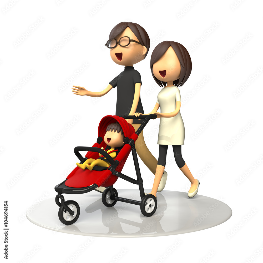 ベビーカーの赤ちゃんと歩く夫婦