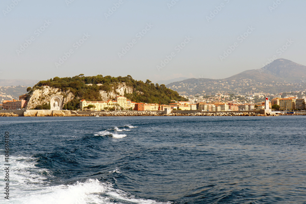 Color DSLR stock image of Nice harbor on the Mediterranean coast of the French Riviera. Horizontal with copy space for text