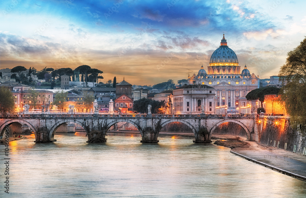 Tiber and St Peter Basilica in Vatican with rainbow, Rome - obrazy, fototapety, plakaty 