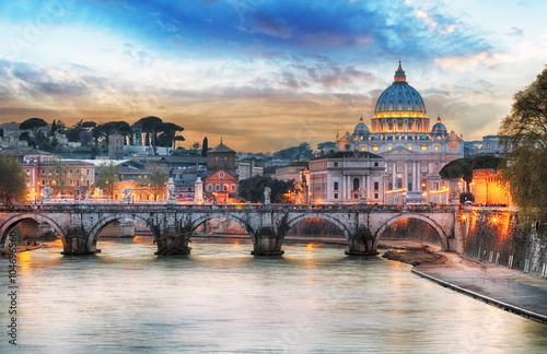 Tiber and St Peter Basilica in Vatican with rainbow, Rome