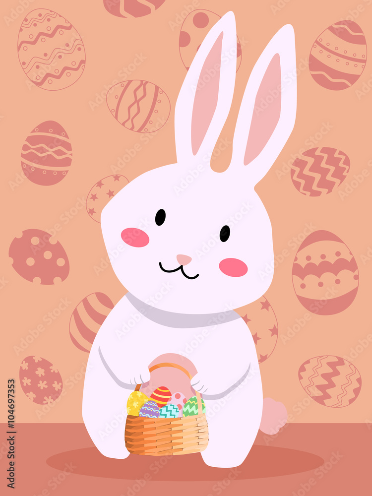 Fototapeta premium White rabbit holding easter egg basket in pink silhouette easter egg background.