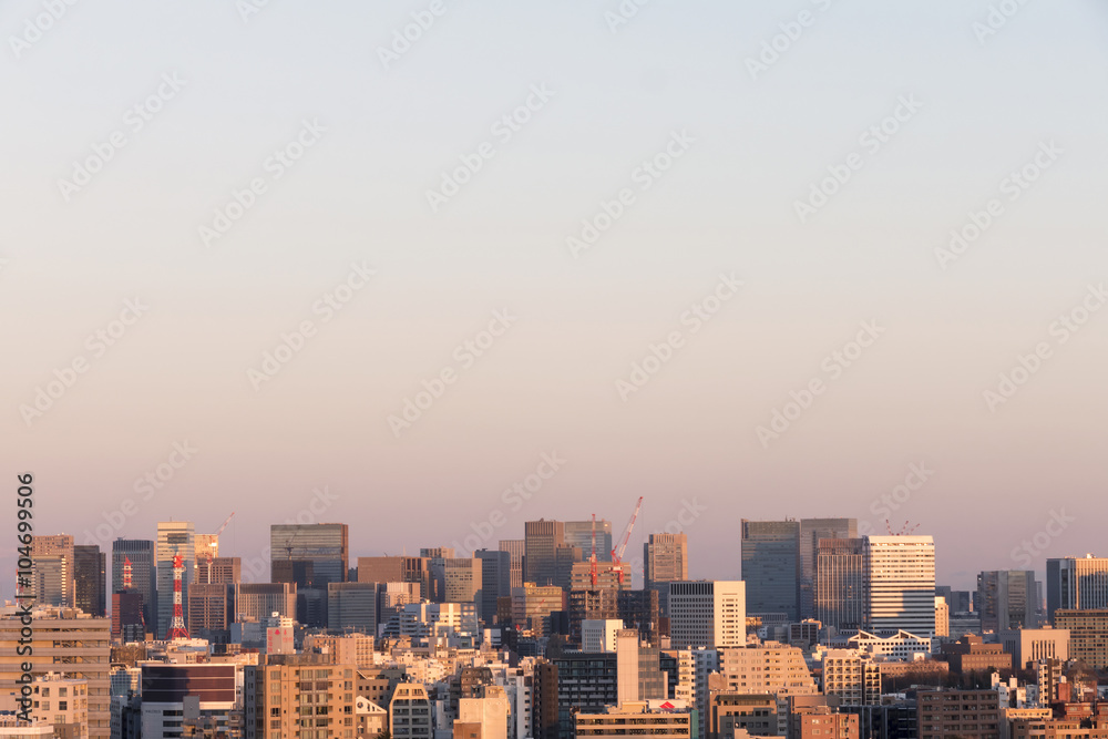 Obraz premium 東京都市風景 マジックアワー 夕焼け 丸の内 大手町 夕景 夕日 コピースペース