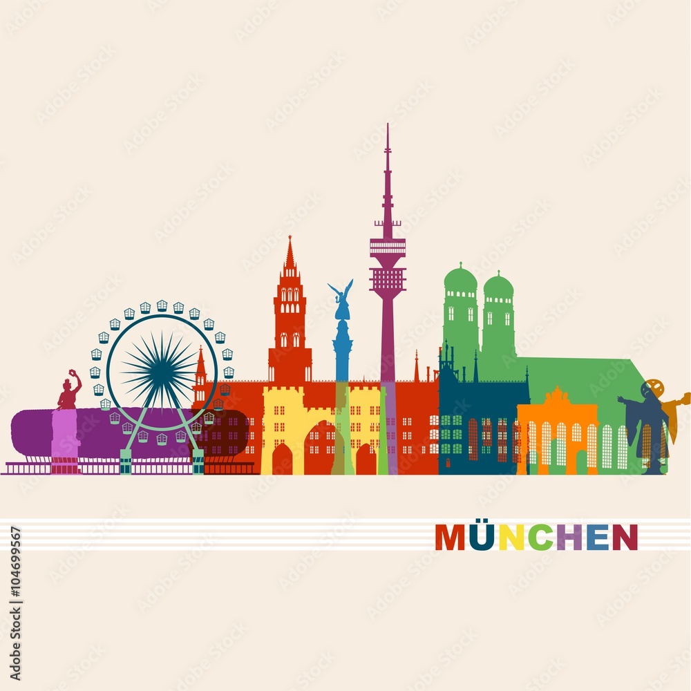 Naklejka premium München Sehenswürdigkeiten bunte Silhouette - Liebfrauenkirche Stachus Bavaria Fernsehturm Riesenrad Oktoberfest - Skyline Vektor Grafik