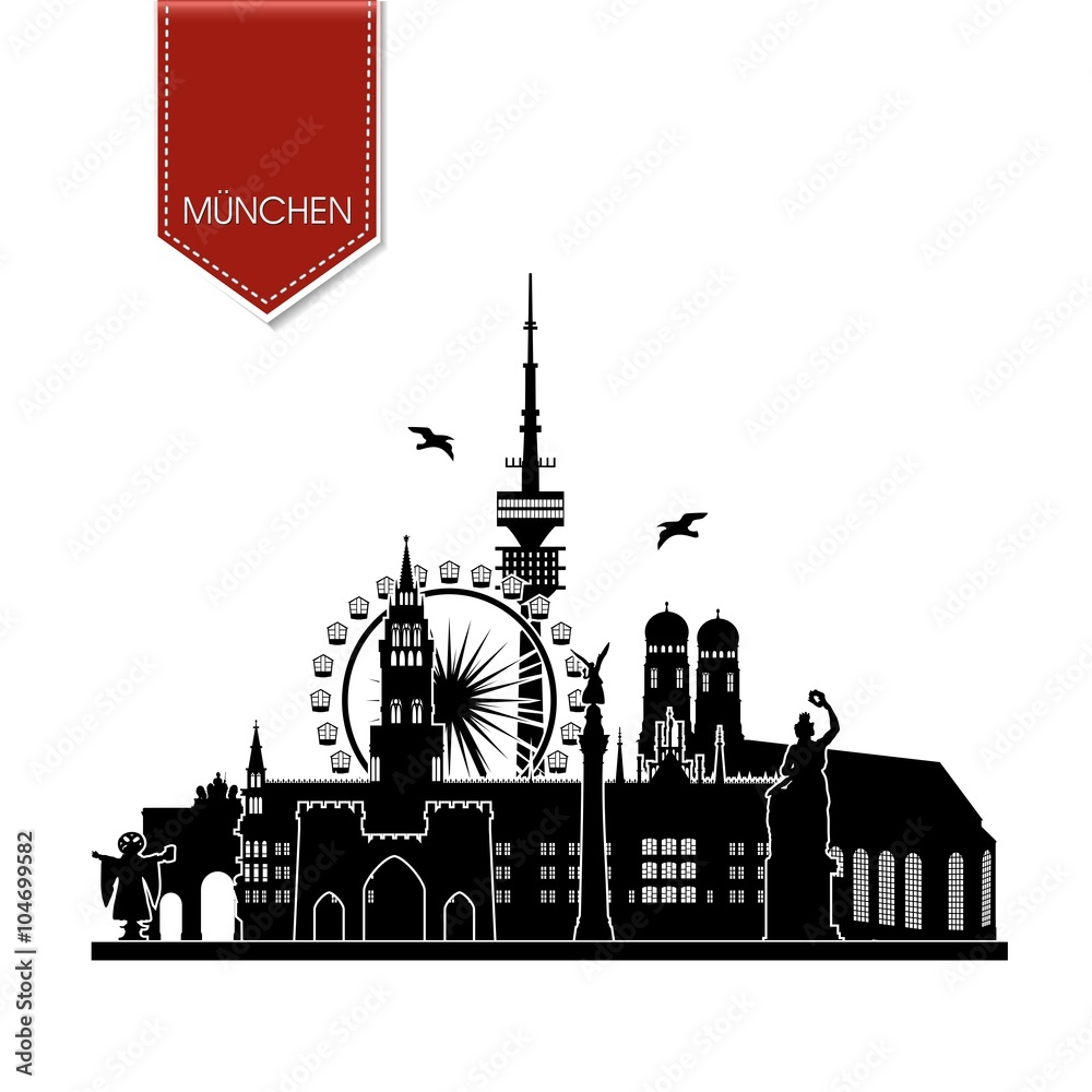 München Silhouette Sehenswürdigkeiten - Liebfrauenkirche Stachus Bavaria Fernsehturm Riesenrad Oktoberfest - Skyline Vektor Grafik