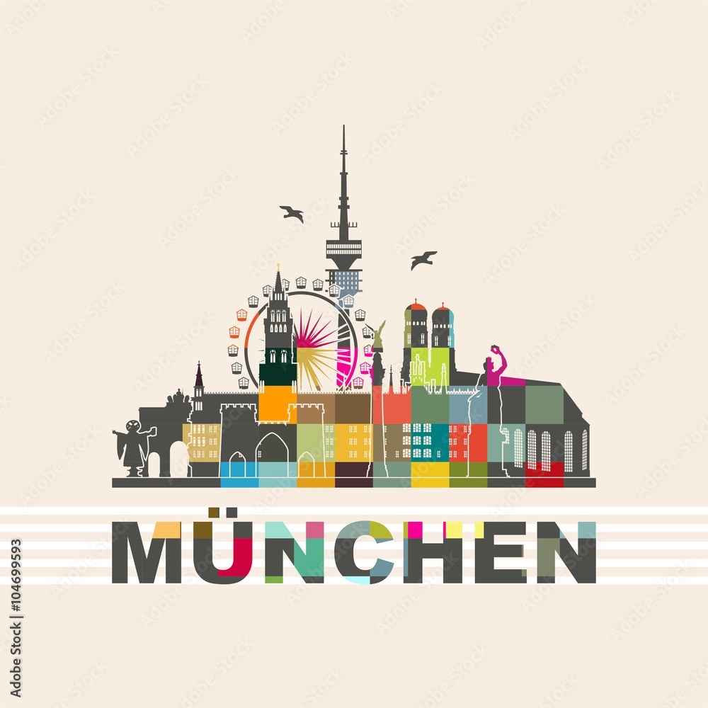 München  - Liebfrauenkirche Stachus Bavaria Fernsehturm Riesenrad Oktoberfest - Silhouette Sehenswürdigkeiten Skyline Mosaik Vektor Grafik