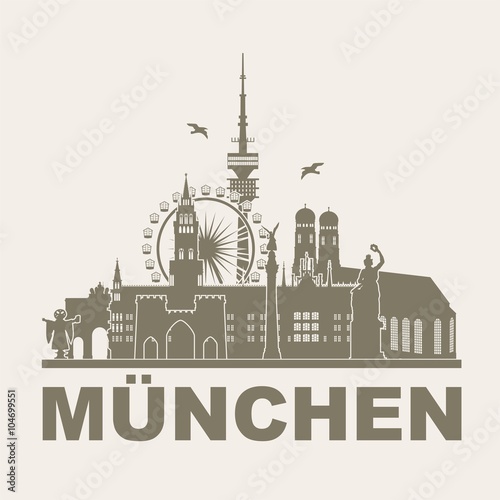 München Silhouette Sehenswürdigkeiten - Liebfrauenkirche Stachus Bavaria Fernsehturm Riesenrad Oktoberfest - Skyline Vektor Grafik