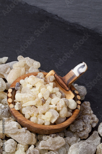  Frankincense is an aromatic resin, used for religious rites, incense and perfumes.
 photo