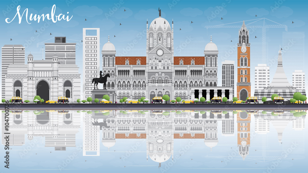 Mumbai Skyline with Gray Landmarks, Blue Sky and Reflections.