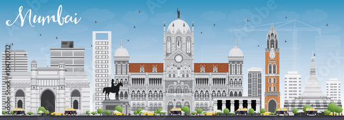 Mumbai Skyline with Gray Landmarks and Blue Sky.