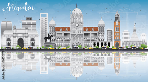 Mumbai Skyline with Gray Landmarks, Blue Sky and Reflections.