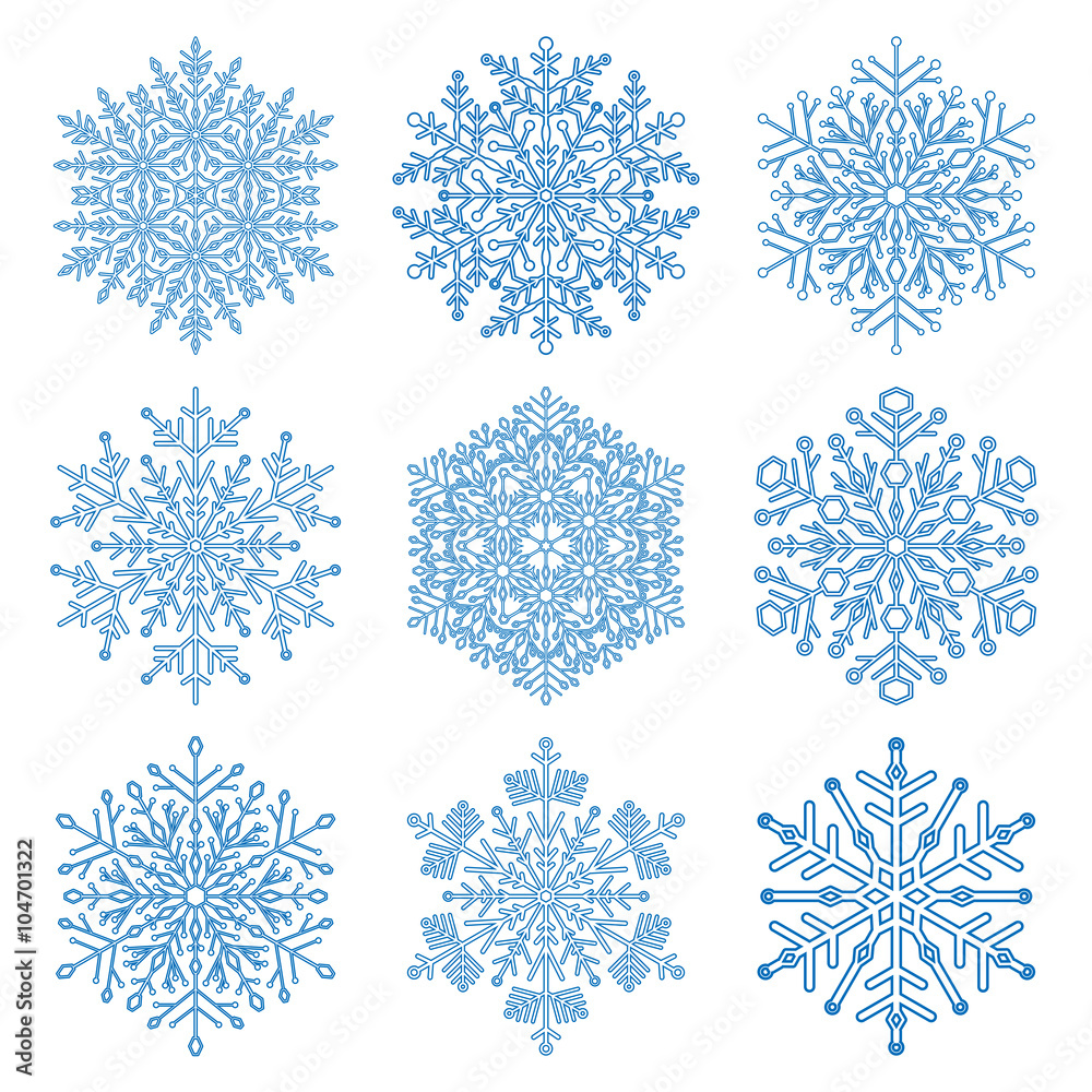 Set of fine blue snowflakes. Light blue winter ornament. Snowflake icons
