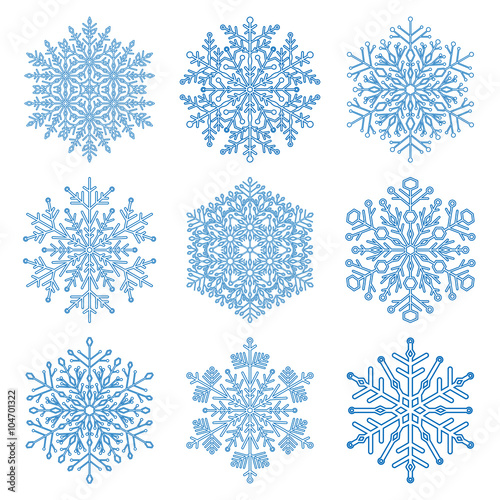 Set of fine blue snowflakes. Light blue winter ornament. Snowflake icons
