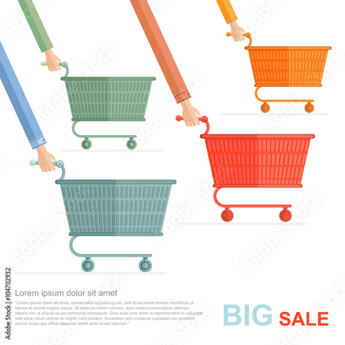 big sale flat illustration. racing on shopping carts isolated on white