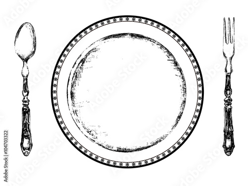 Knife, spoon and plate, isolated on white background. Simple Icon. Vector illustration