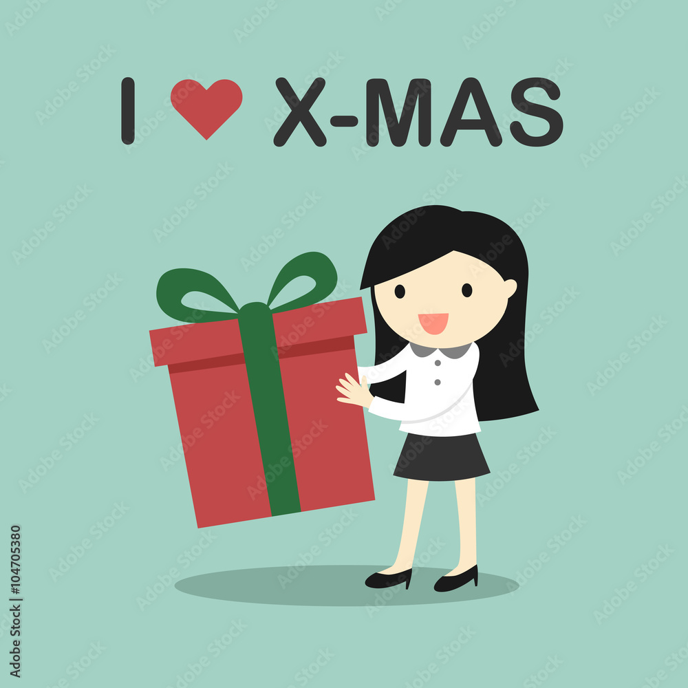 Business concept, Business woman holding a gift box with the words Business concept, Business woman holding a gift box with the words