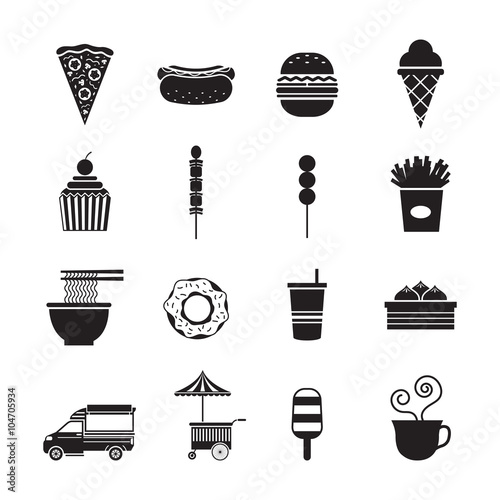Fast Food Mono Icons Set, Street Food and Drink Vector