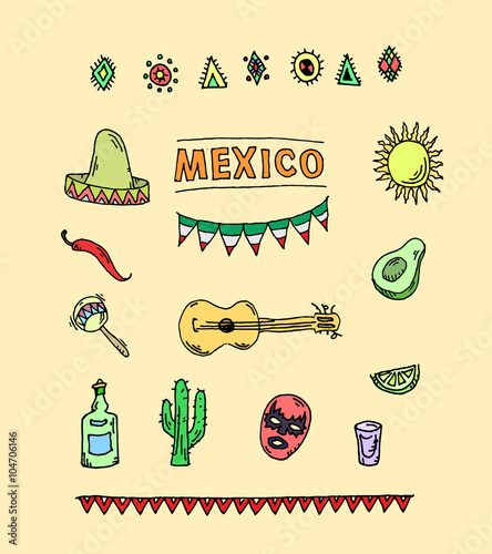 Hand drawn vector set of mexican symbols