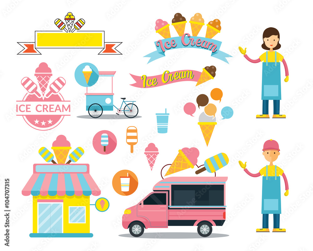 Ice Cream Shop Graphic Elements, Store, Truck, Seller, Cartoon, Icons, Logo