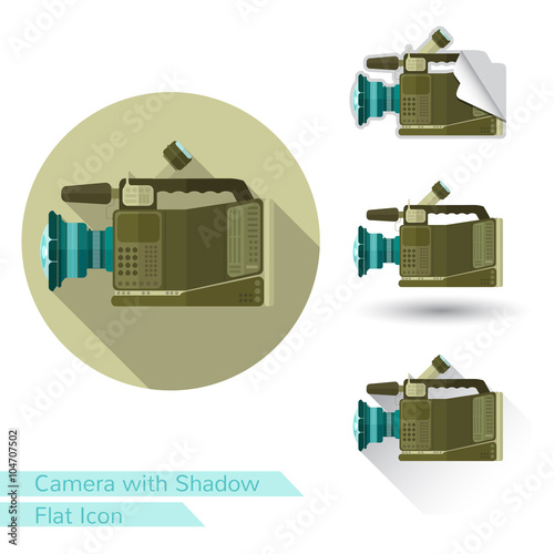 flat icon videocamera object on white with oval long shadow and folded corner