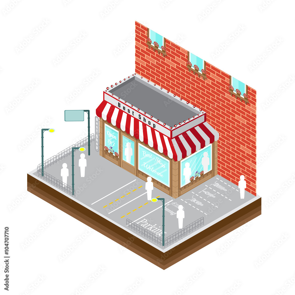 top view of best shop of street building with parking and people clients