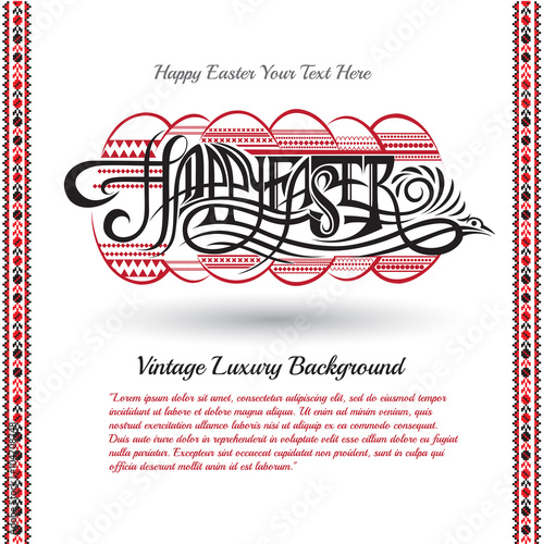 easter background with calligraphy Happy Easter and ester egg and folk Ukrainian pattern
