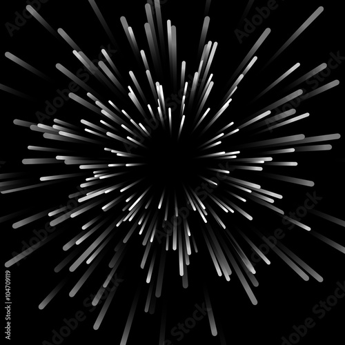 Shine vector rays on black background. Explosive illustration with dynamic shapes. Monochrome wallpaper with sparkle. Holiday firework with text template. Dynamite burst decoration. White blast.