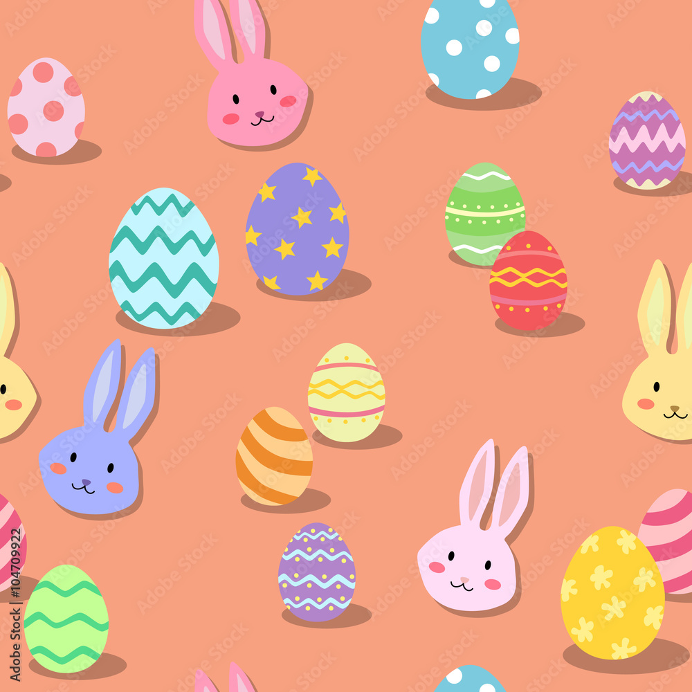 Seamless pattern with colorful easter eggs and rabbits in peach background.
